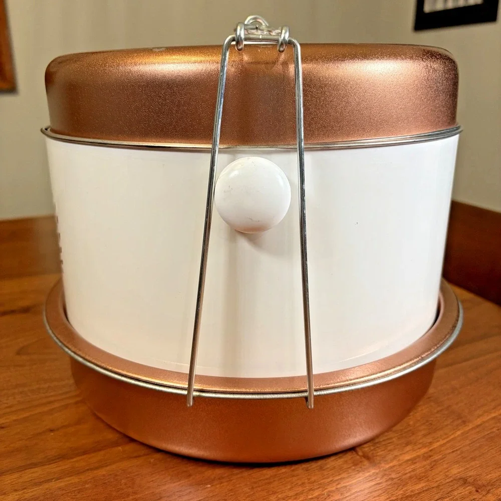 Vintage Triple Decker Food Cake Carrier 1960s 70s Mid Century Copper White